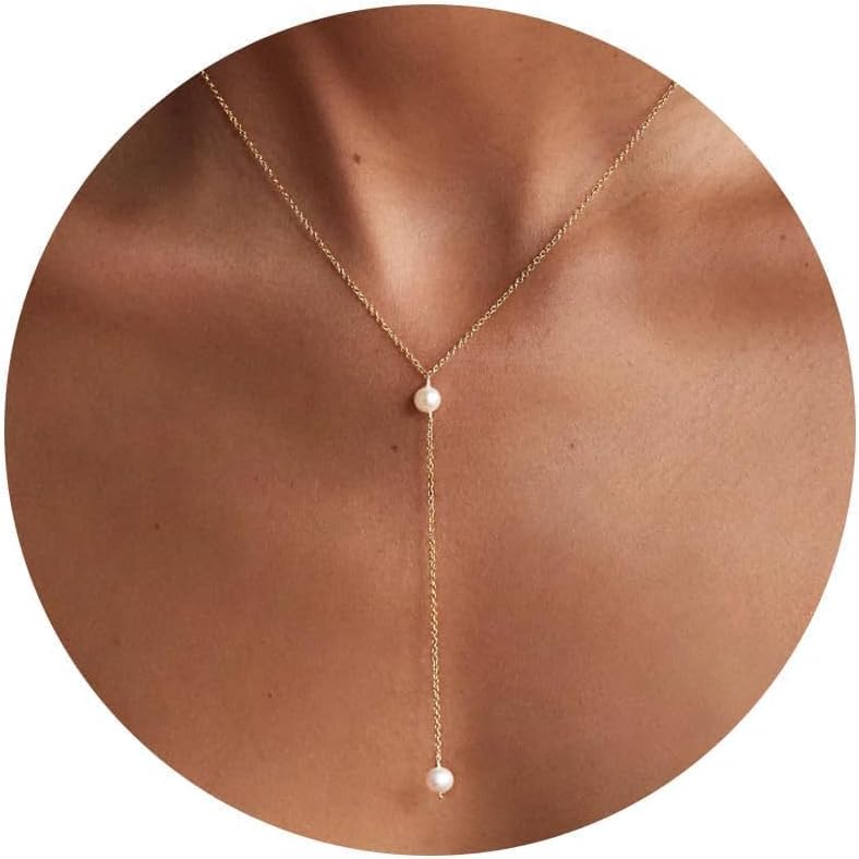 PRTGL Store Pearl Necklace: 14K Gold-Plated/White Gold-plated Pearl Necklace for Women 16.5” + 2” - Image 1